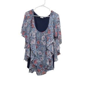 Cato Paisley Ruffle Chiffon Blouse 26/28W Blue Boho Flowy Top